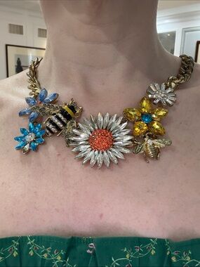 Floral & Bee Statement Necklace in Gold with Multicolor Crystal Flowers
